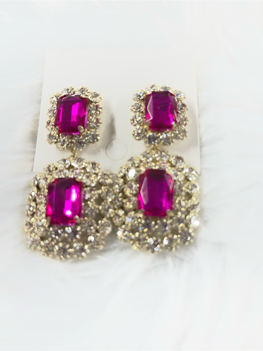 Gold-Tone Statement Earrings with Fuchsia Gemstones